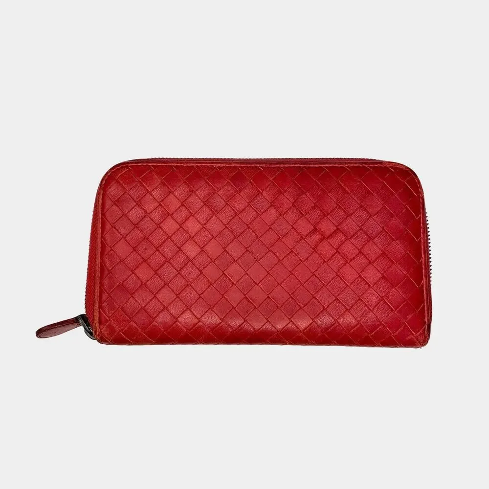 Bottega Veneta Intrecciato Red Leather Zip Around Continental Wallet